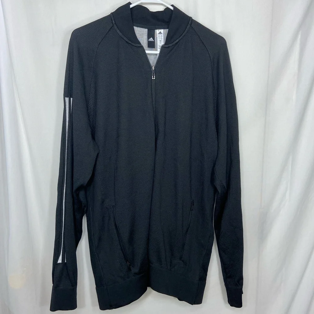 NWOT Adidas men’s black white striped ID knit bomber jacket zip pocket large